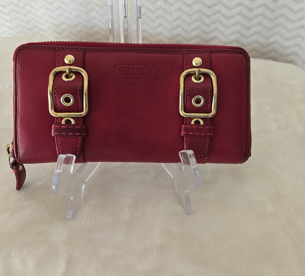 Coach Red Leather Wallet with Gold Buckles